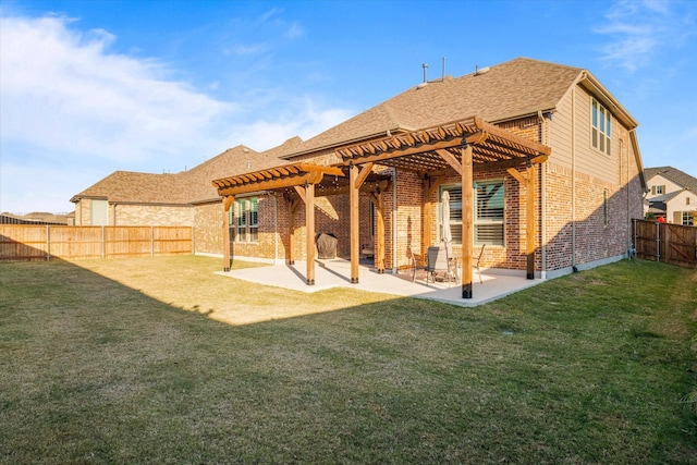 rear view of house featuring a fenced backyard, a pergola, a lawn, a patio area, and brick siding