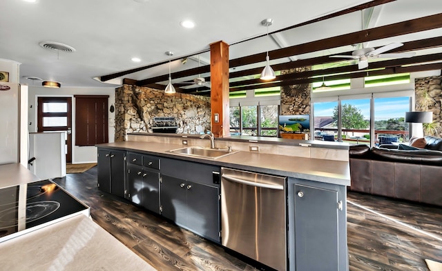 kitchen with a center island with sink, sink, stainless steel dishwasher, beamed ceiling, and decorative light fixtures