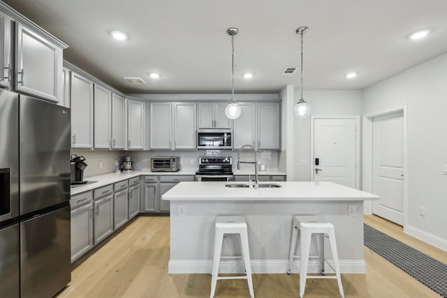 kitchen with decorative light fixtures, a kitchen island with sink, appliances with stainless steel finishes, and sink