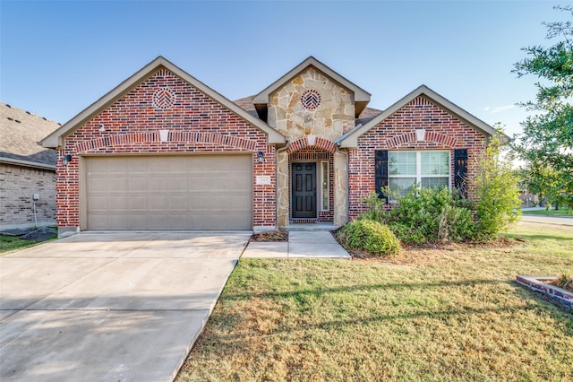 view of property featuring a garage and a front yard