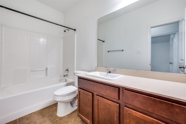 full bathroom featuring bathtub / shower combination, vanity, toilet, and tile patterned flooring