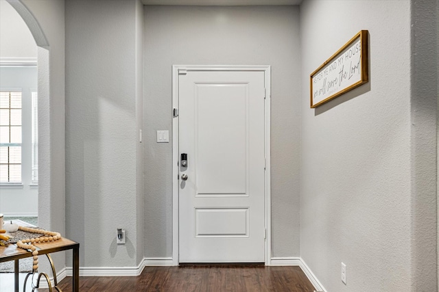 doorway to outside featuring dark wood-type flooring