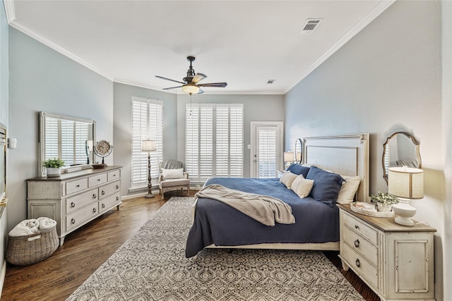 bedroom with access to exterior, dark wood-type flooring, ornamental molding, and ceiling fan