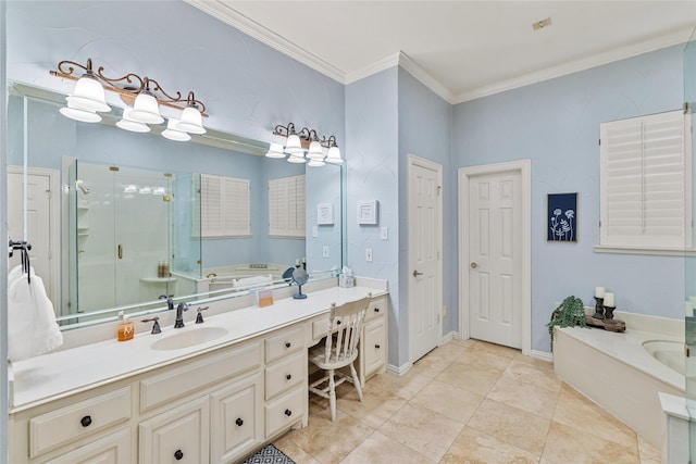 bathroom featuring tile patterned floors, ornamental molding, shower with separate bathtub, and vanity