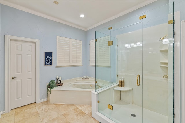 bathroom featuring tile patterned flooring, ornamental molding, and separate shower and tub