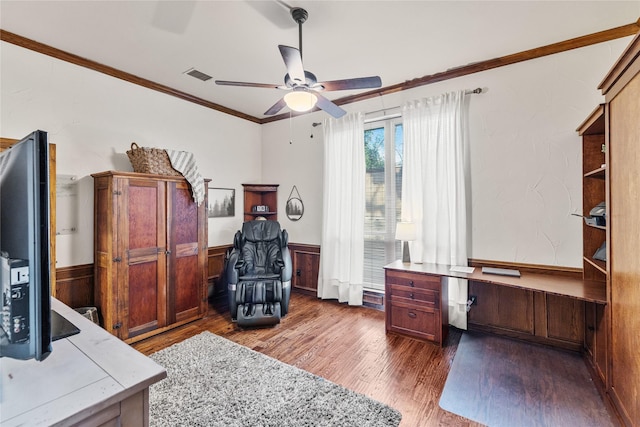 office featuring crown molding, ceiling fan, and dark hardwood / wood-style floors