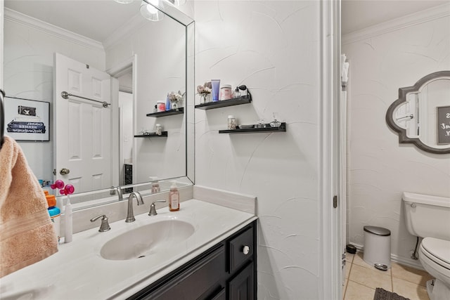 bathroom featuring ornamental molding, toilet, tile patterned flooring, and vanity