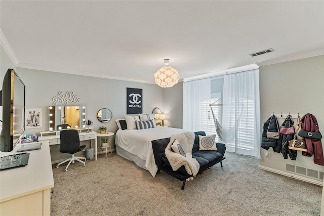 bedroom featuring ornamental molding and light carpet