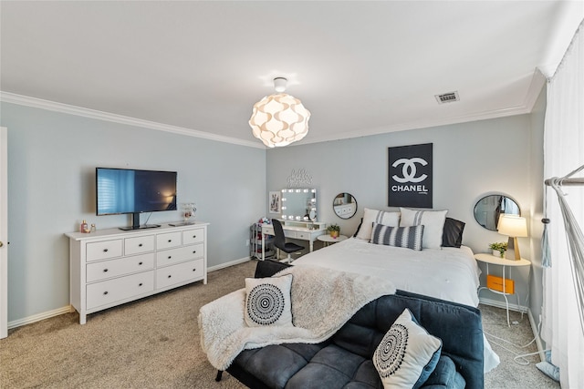 bedroom with light carpet and crown molding