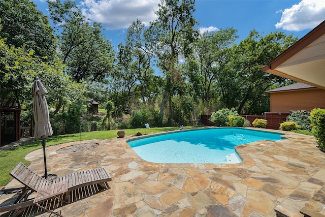 view of pool with a yard and a patio