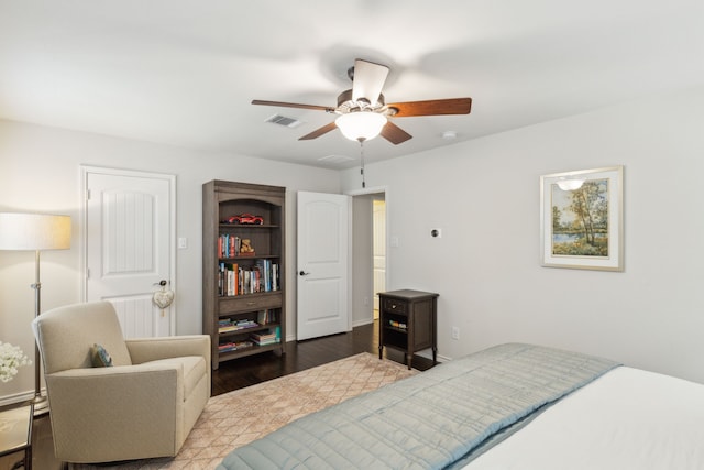 bedroom featuring hardwood / wood-style flooring and ceiling fan