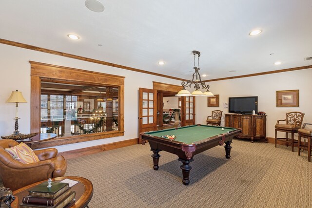 playroom featuring ornamental molding, carpet flooring, billiards, and french doors