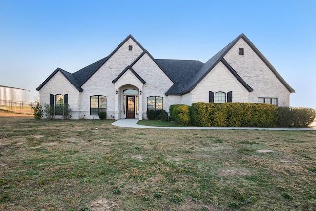 french country inspired facade featuring a front lawn