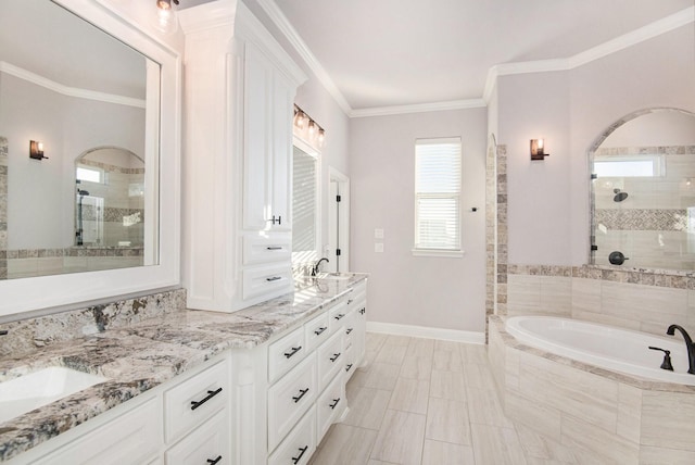 bathroom featuring vanity, crown molding, and plus walk in shower