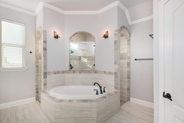 bathroom with tile patterned flooring, shower with separate bathtub, and crown molding