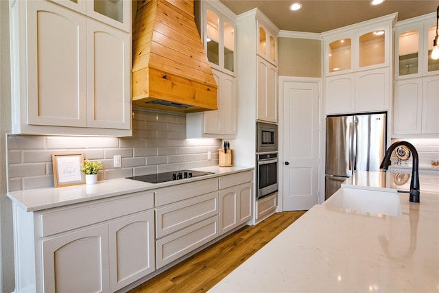 kitchen with premium range hood, a sink, white cabinets, appliances with stainless steel finishes, and glass insert cabinets