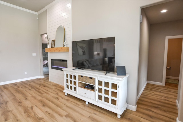 living room with hardwood / wood-style flooring, a large fireplace, and ornamental molding