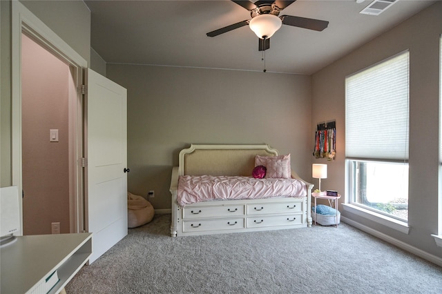 bedroom featuring ceiling fan and carpet floors