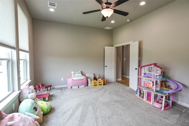 game room featuring carpet floors, baseboards, visible vents, and recessed lighting