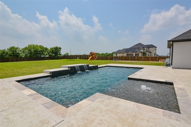 view of pool with a patio, a playground, a fenced backyard, a yard, and a fenced in pool