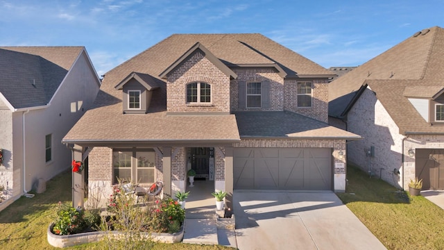 view of front of home featuring a garage, a front yard, and covered porch