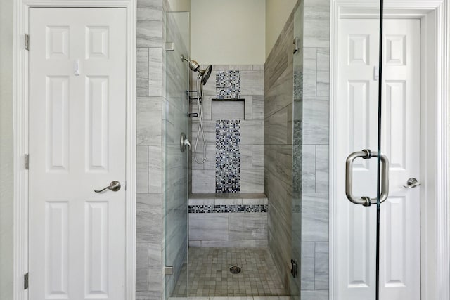 bathroom featuring a shower with door