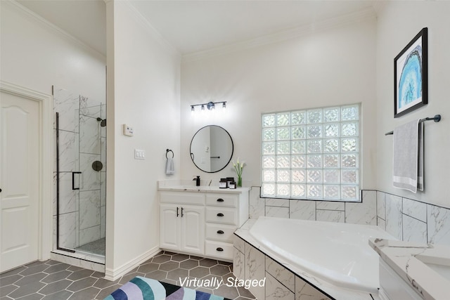 bathroom featuring separate shower and tub, crown molding, tile patterned flooring, and vanity