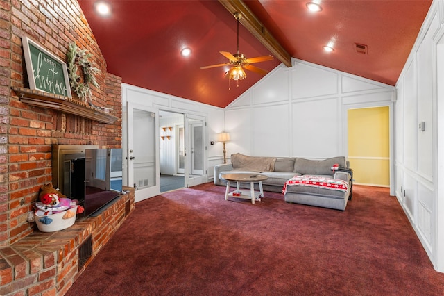 carpeted living room with lofted ceiling with beams, ceiling fan, and french doors