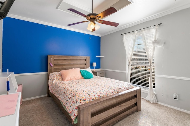 bedroom with carpet, ceiling fan, and crown molding