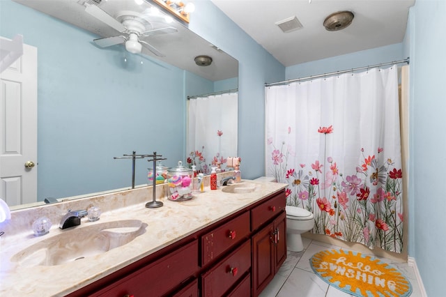 bathroom featuring walk in shower, vanity, ceiling fan, tile patterned flooring, and toilet