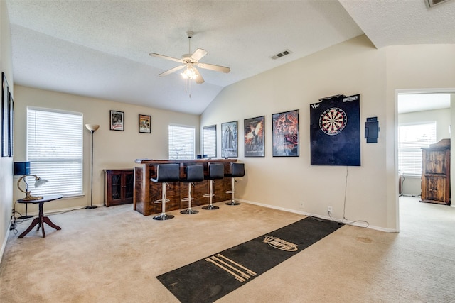 bar featuring carpet, ceiling fan, lofted ceiling, and a textured ceiling