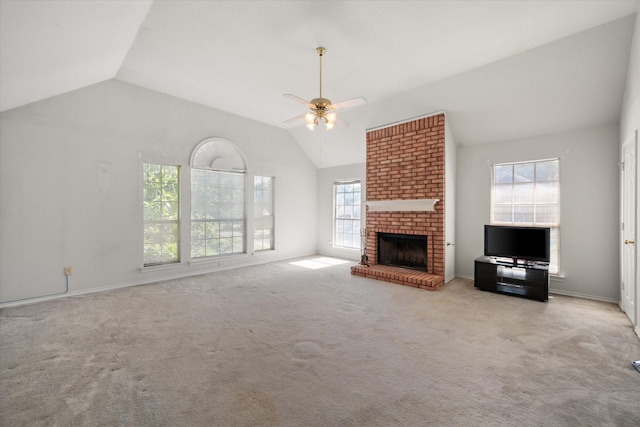 unfurnished living room with a fireplace, light colored carpet, ceiling fan, and lofted ceiling