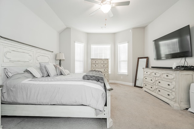 bedroom featuring ceiling fan and light colored carpet