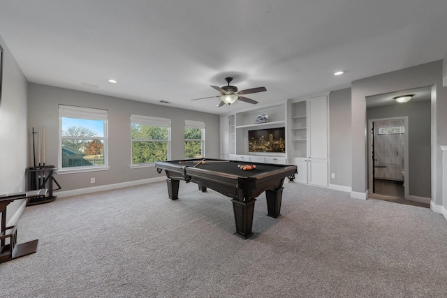 game room with ceiling fan, billiards, built in shelves, and carpet flooring