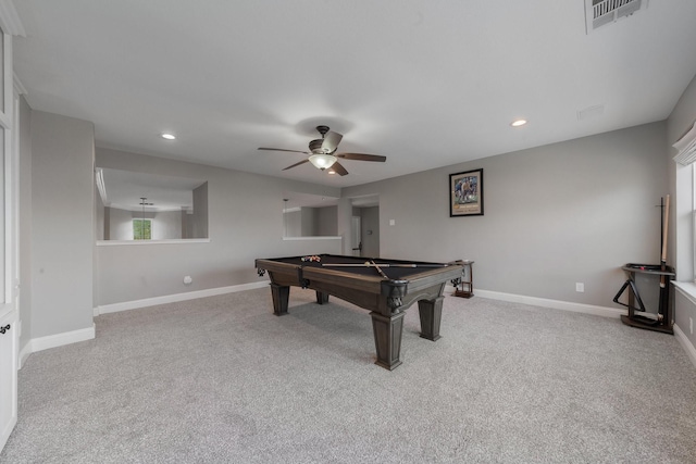 playroom with ceiling fan, light colored carpet, and billiards