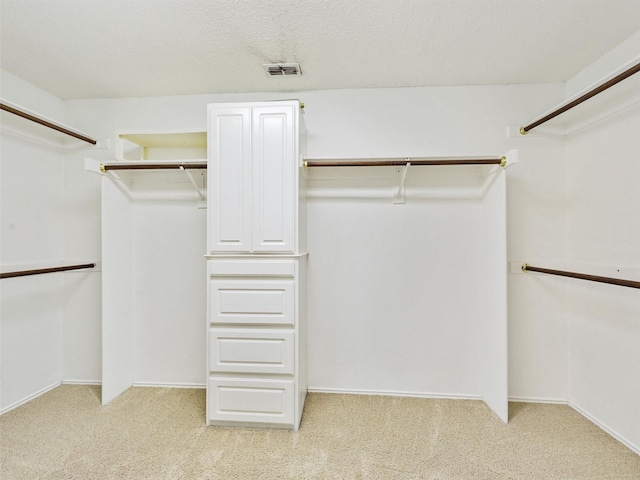 walk in closet with light carpet