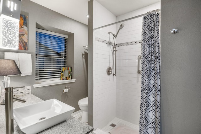 bathroom featuring a shower with curtain, sink, and toilet