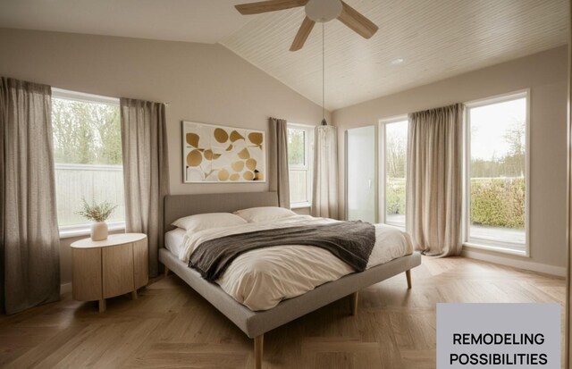 carpeted bedroom with ceiling fan and vaulted ceiling