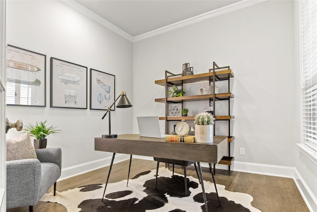 office with hardwood / wood-style flooring and ornamental molding