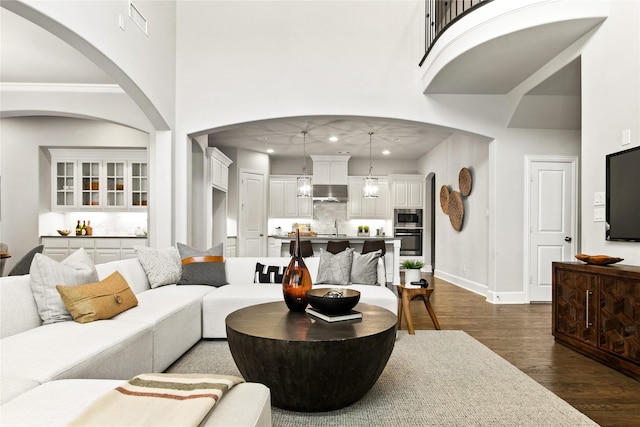 living room featuring a high ceiling, dark hardwood / wood-style floors, and sink