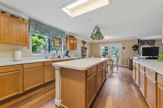 kitchen with sink, plenty of natural light, hardwood / wood-style floors, and a kitchen island