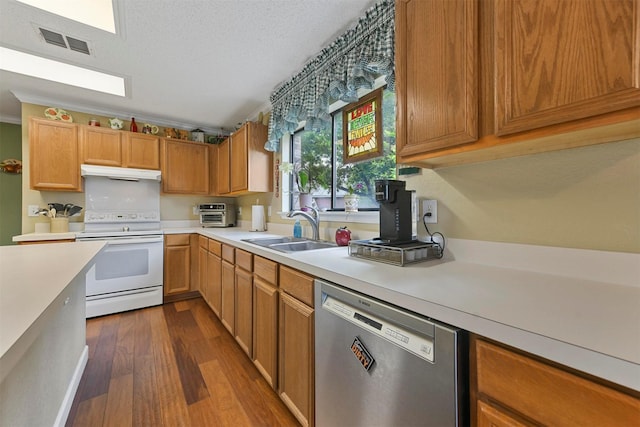 kitchen with sink, dishwasher, dark hardwood / wood-style floors, a textured ceiling, and white electric stove