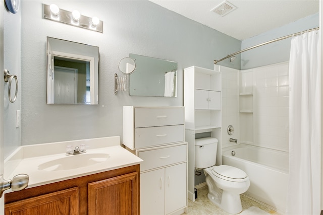 full bathroom with shower / bath combo with shower curtain, vanity, and toilet