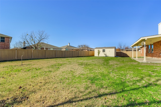 view of yard featuring a storage unit and a patio area