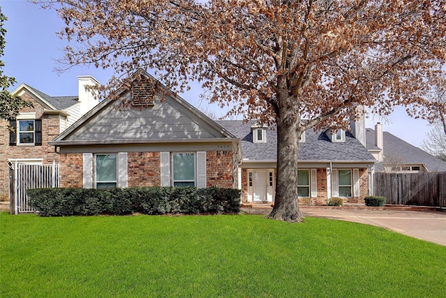 view of front of property with brick siding, roof with shingles, a front lawn, and fence