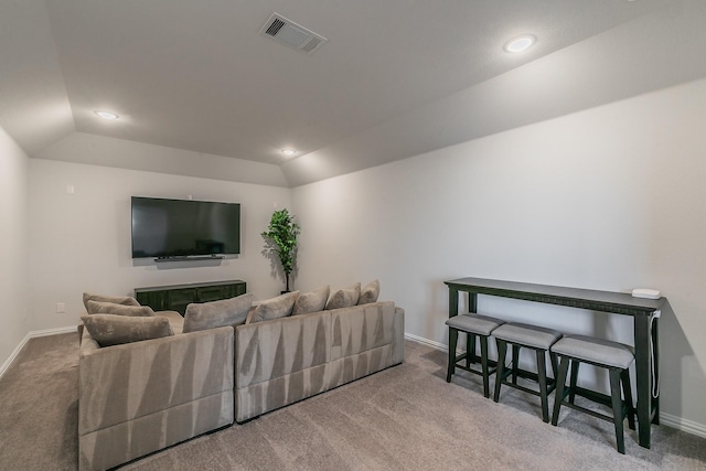 bedroom with carpet flooring, ceiling fan, and vaulted ceiling