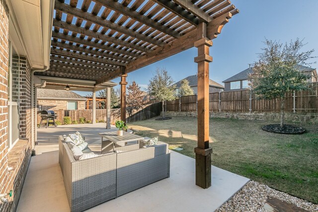 view of patio with ceiling fan, a pergola, an outdoor hangout area, and grilling area