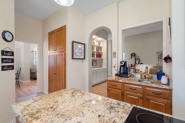 kitchen featuring light stone countertops, built in shelves, electric stovetop, and sink