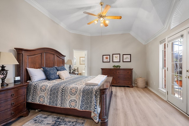 bedroom with ceiling fan, crown molding, light hardwood / wood-style floors, a textured ceiling, and access to outside