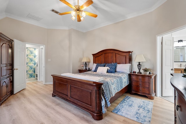 bedroom with ensuite bathroom, light hardwood / wood-style flooring, ceiling fan, and ornamental molding